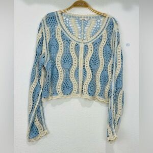 Elegant Blue and Cream Crochet Blouse